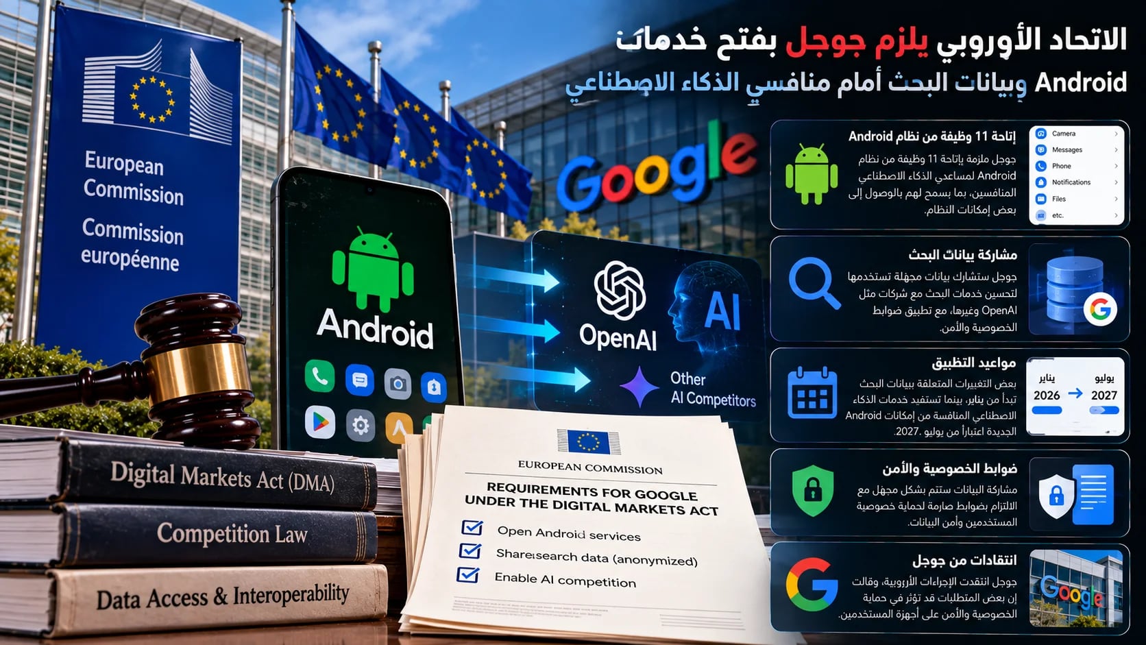 الاتحاد الأوروبي يلزم جوجل بفتح خدمات Android وبيانات البحث أمام منافسي الذكاء الاصطناعي