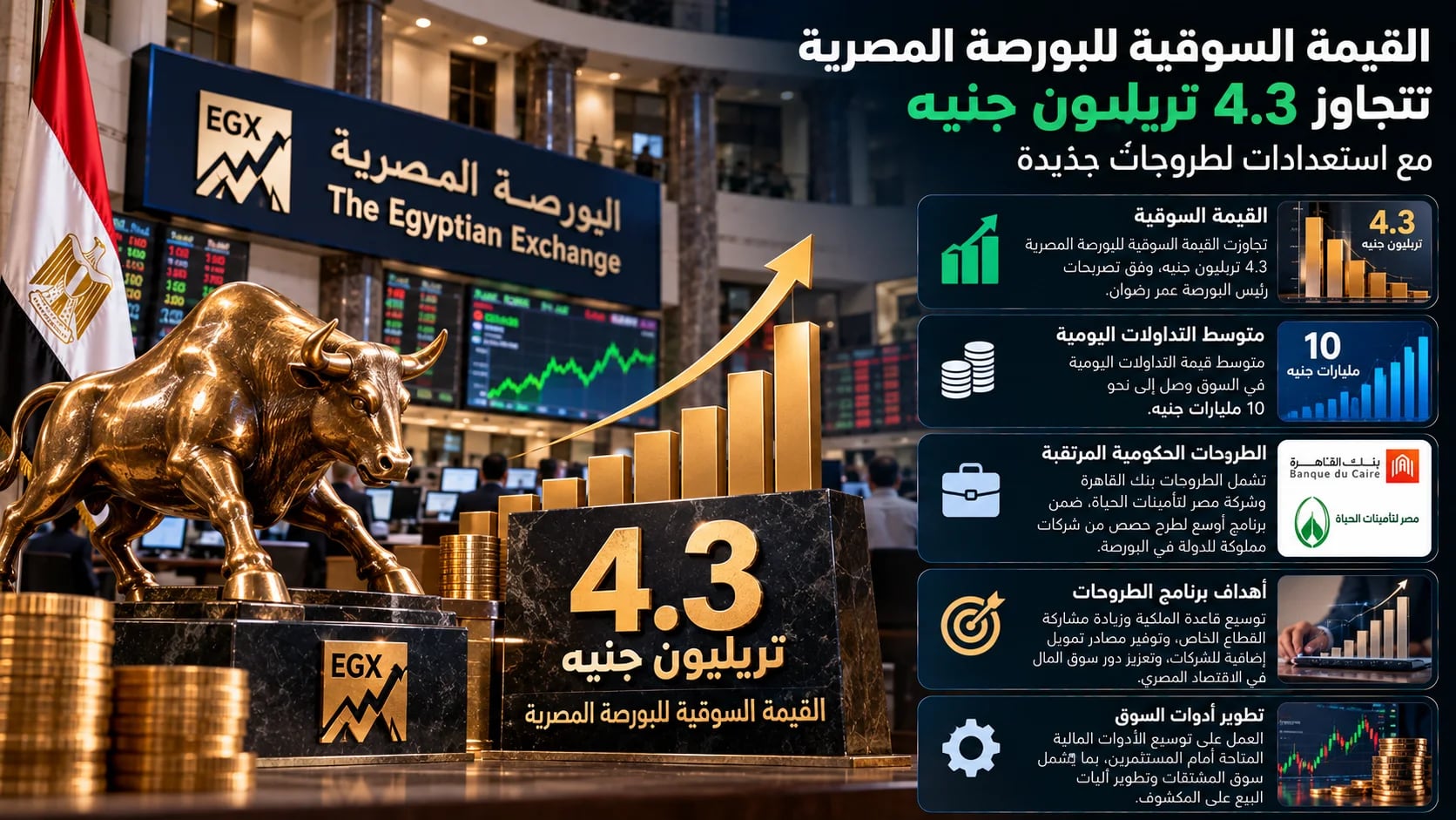 القيمة السوقية للبورصة المصرية تتجاوز 4.3 تريليون جنيه مع استعدادات لطروحات جديدة