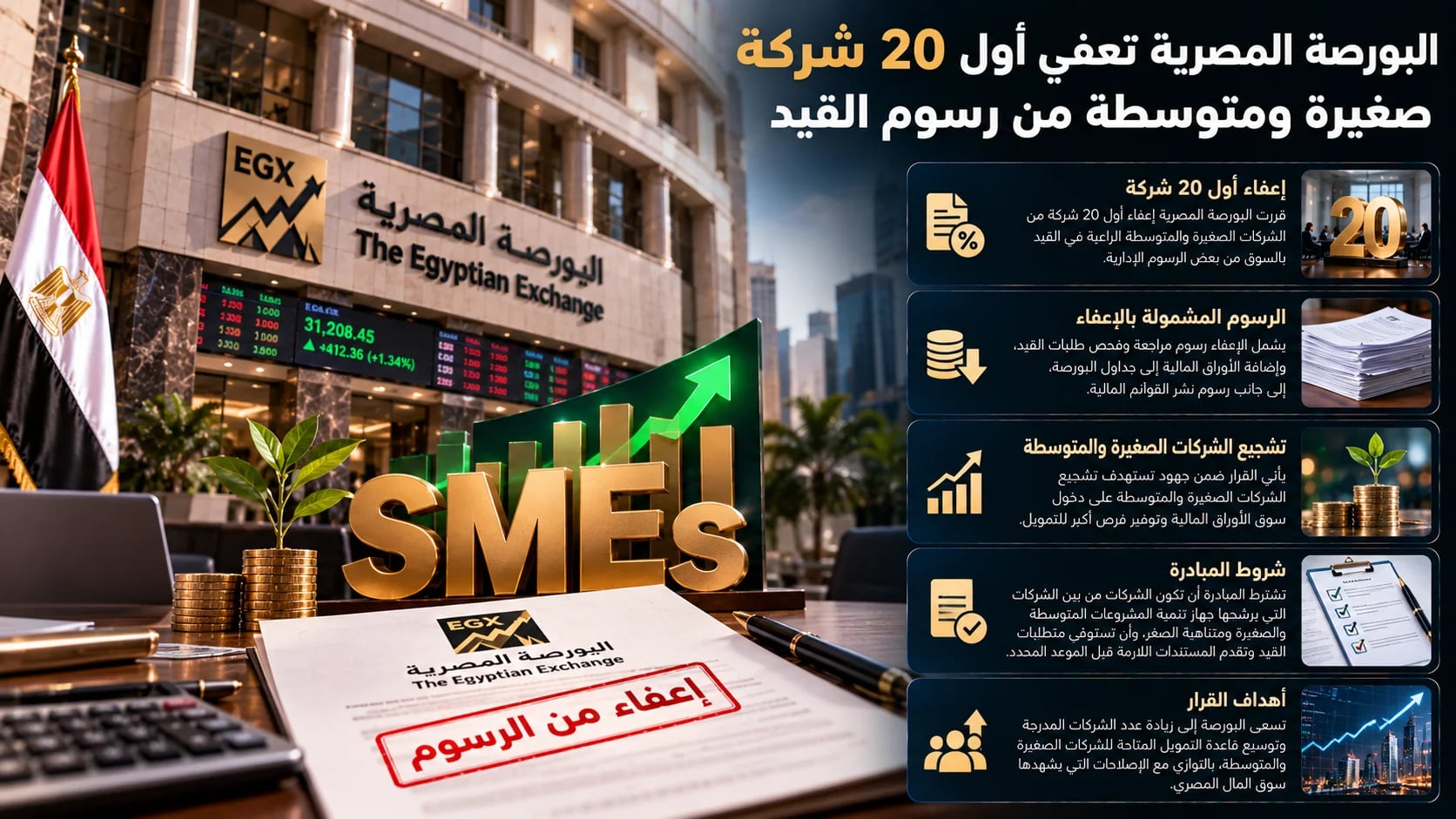 البورصة المصرية تعفي أول 20 شركة صغيرة ومتوسطة من رسوم القيد