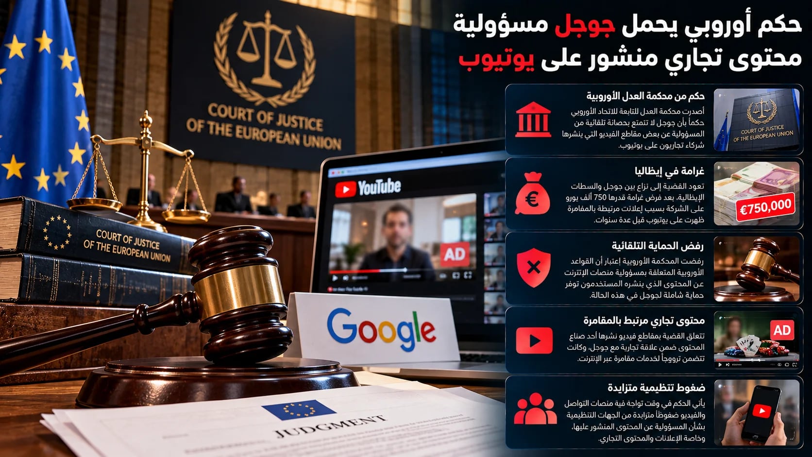 حكم أوروبي يحمّل جوجل مسؤولية محتوى تجاري منشور على يوتيوب