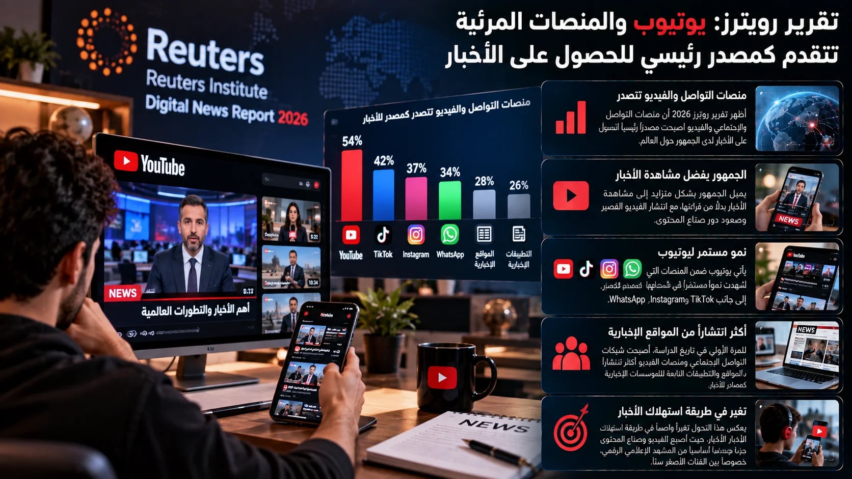 تقرير رويترز: يوتيوب والمنصات المرئية تتقدم كمصدر رئيسي للحصول على الأخبار