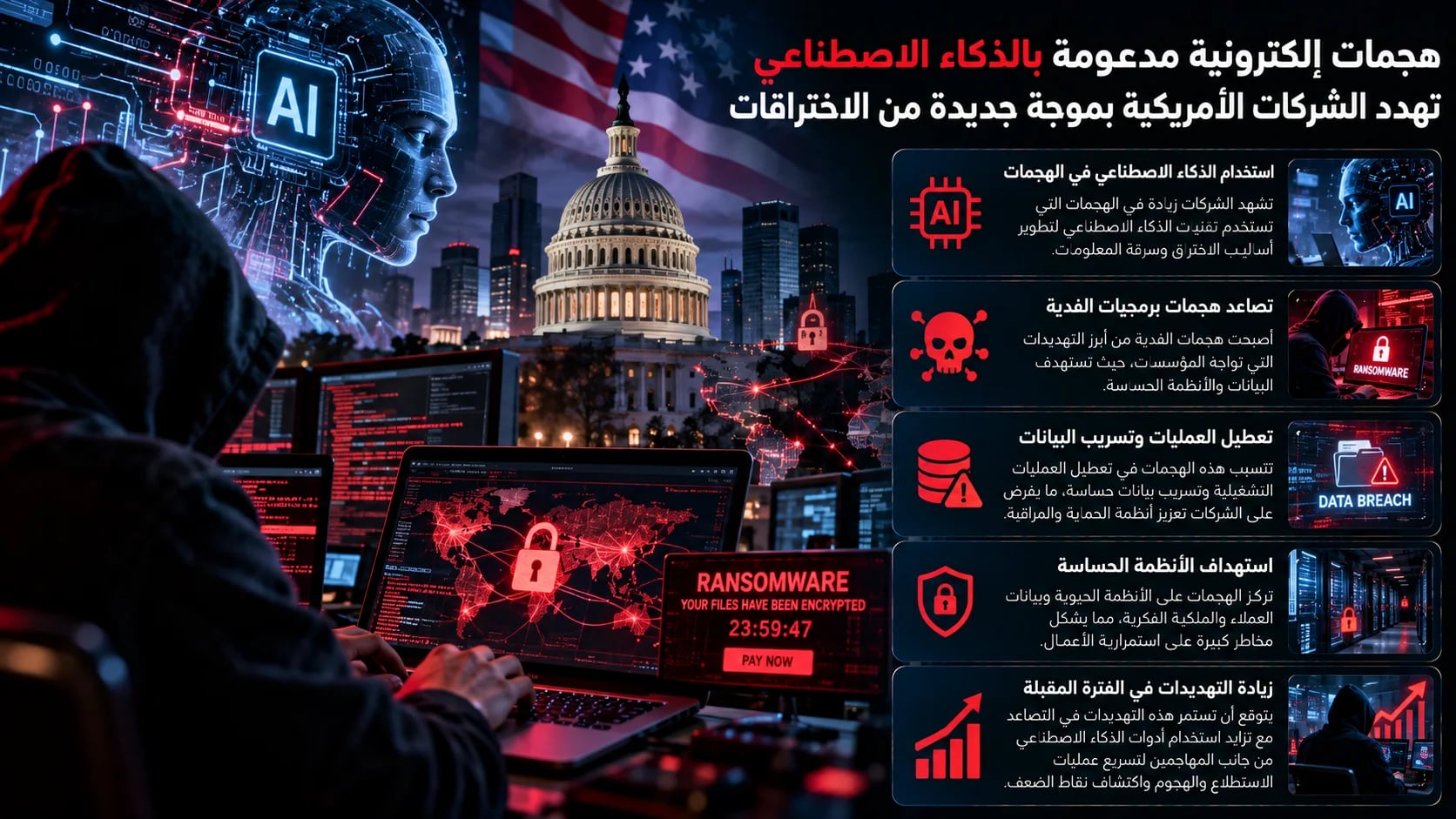 هجمات إلكترونية مدعومة بالذكاء الاصطناعي تهدد الشركات الأمريكية بموجة جديدة من الاختراقات