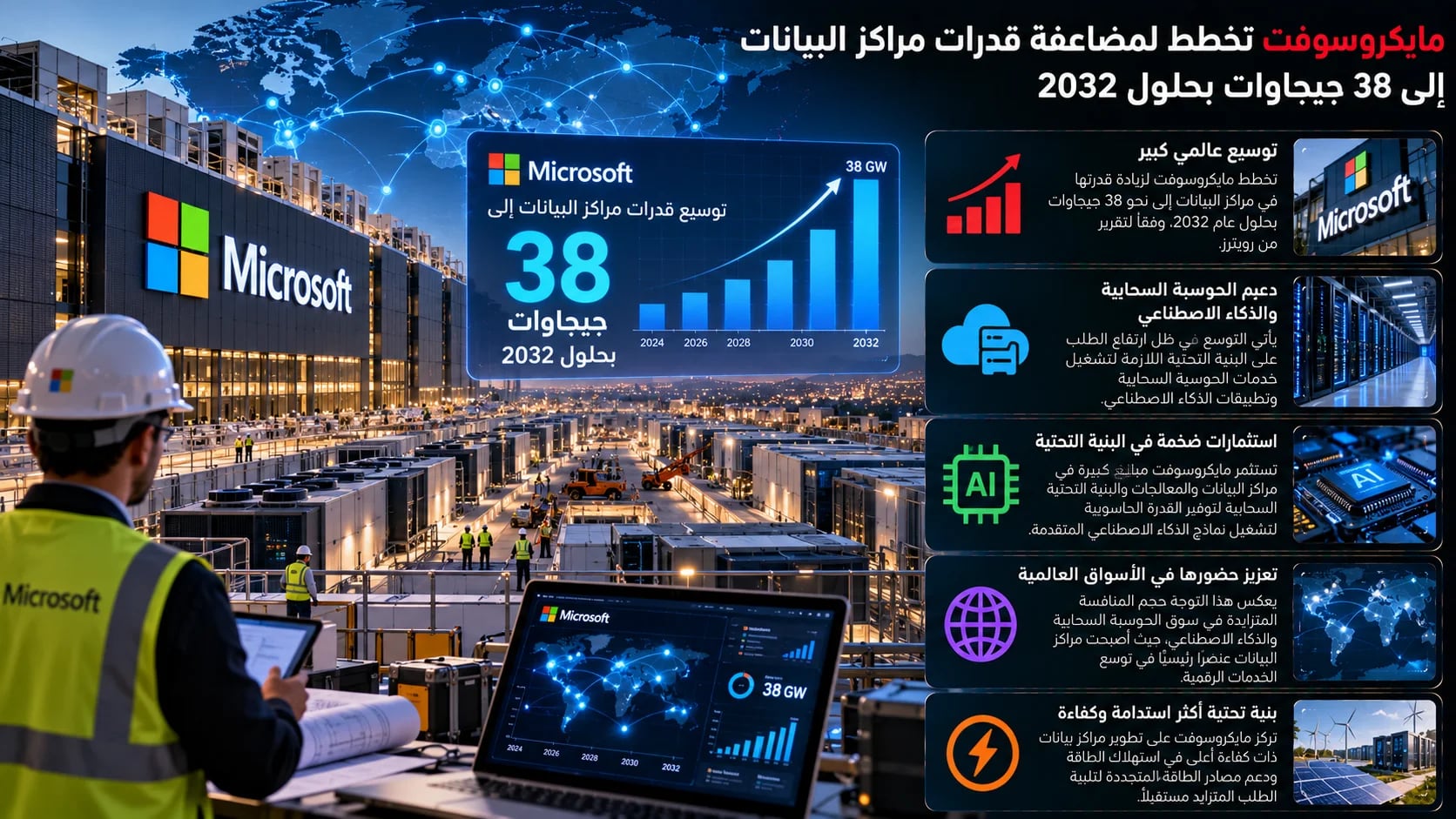 مايكروسوفت تخطط لمضاعفة قدرات مراكز البيانات إلى 38 جيجاوات بحلول 2032